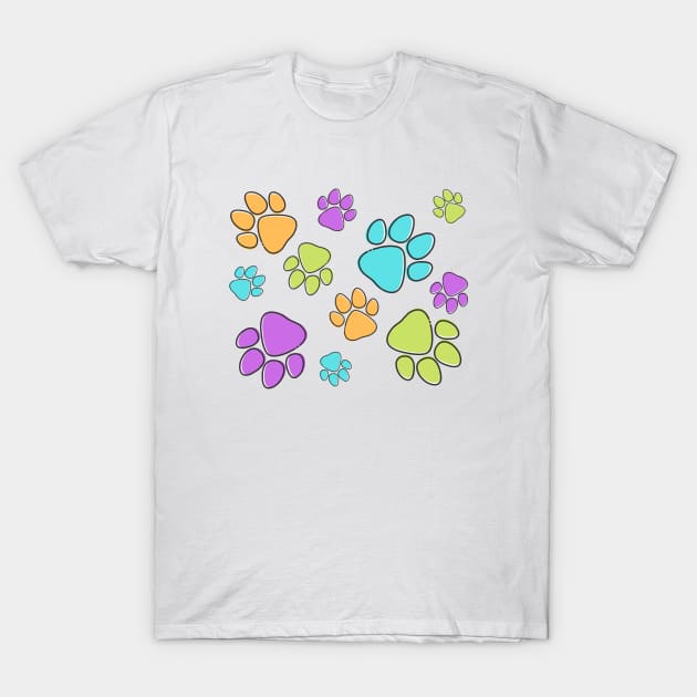 Kids Pawprint Pattern – Orange Purple Green Blue T-Shirt by KoreDemeter14